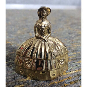 Table Bell Victorian Woman With Bonnet & Ruffle Dress Antique Cast Brass 4"